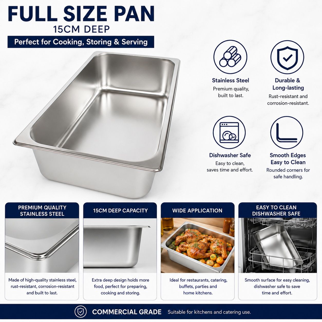 Commercial Stainless Steel GN 1/1 150mm Deep Gastronorm Bain Marie Buffet Steam Table Food Pan