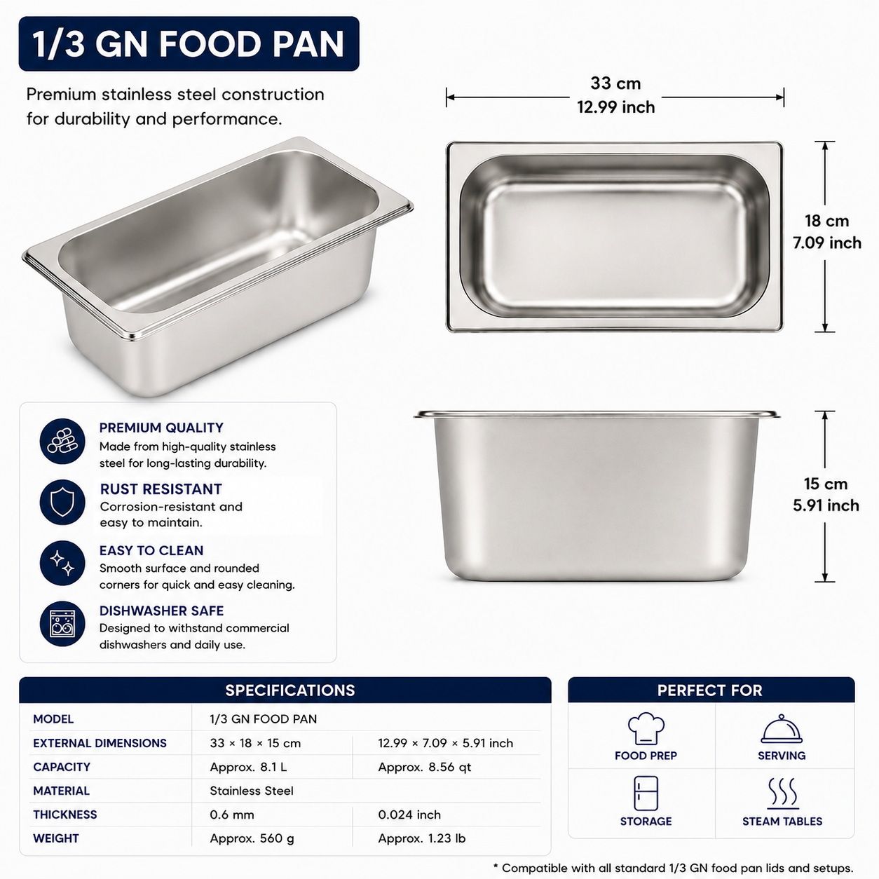 Commercial Stainless Steel GN 1/3 150mm Deep Gastronorm Bain Marie Buffet Steam Table Food Pan with Lid