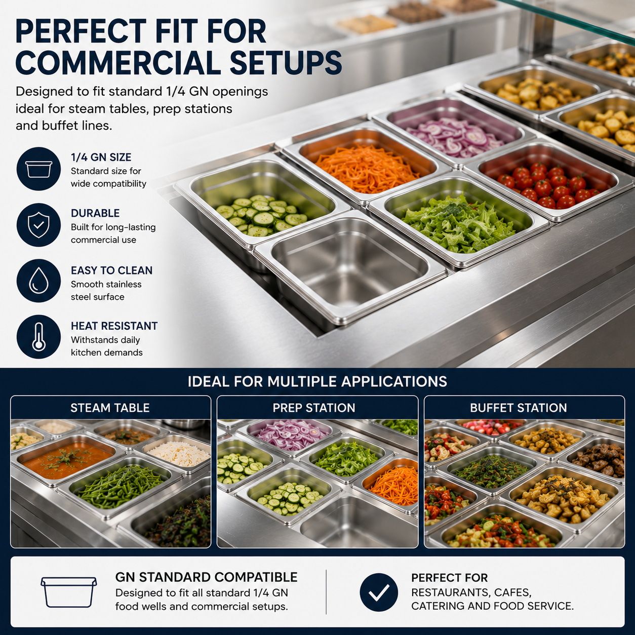 Commercial Stainless Steel GN 1/4 100mm Deep Gastronorm Bain Marie Buffet Steam Table Food Pan