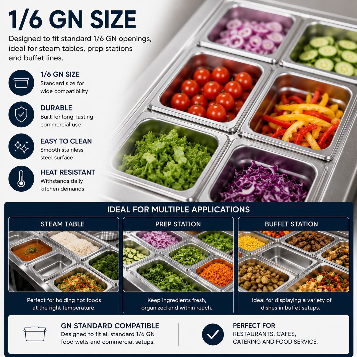 Commercial Stainless Steel GN 1/6 150mm Deep Gastronorm Bain Marie Buffet Steam Table Food Pan