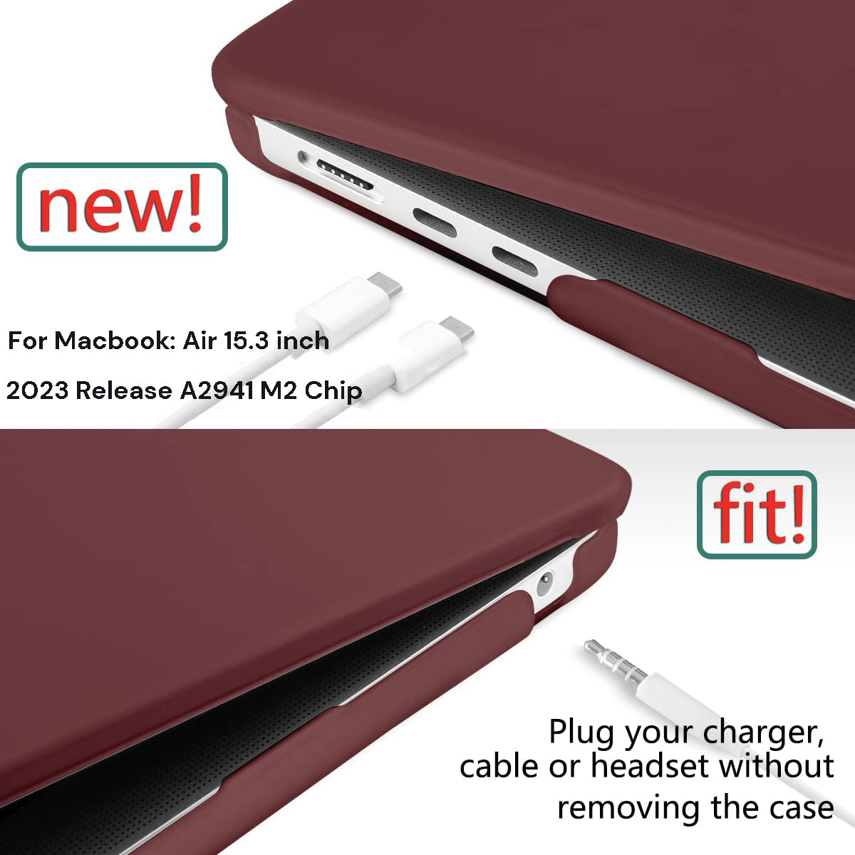 15 inch Air 2023 MacBook Air Matte Case A2941 M2 Chip Hard Shell Case Keyboard Cover Wine Red