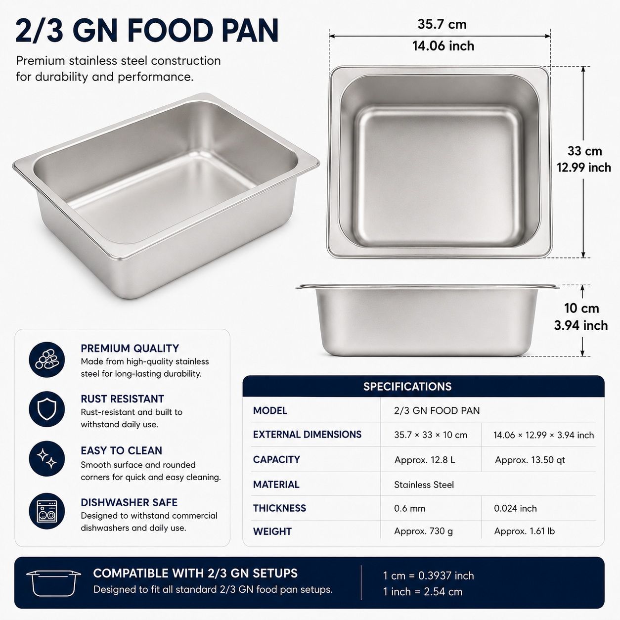 Commercial Stainless Steel GN 2/3 100mm Deep Gastronorm Bain Marie Buffet Steam Table Food Pan