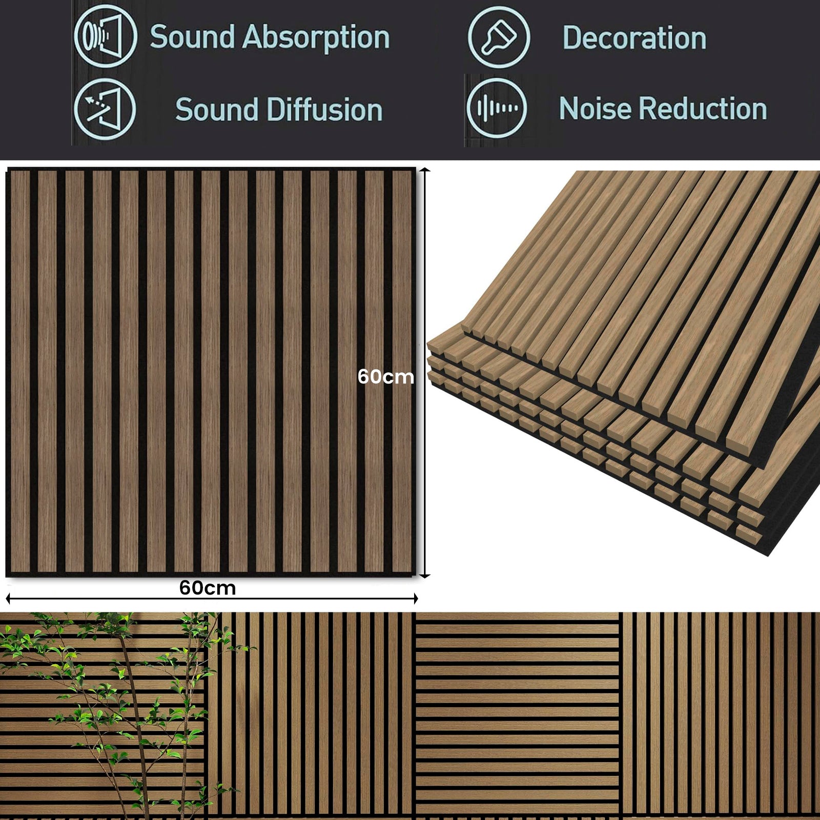 4 Pcs 60cm x 60cm Wall Panel Wood Slat Acoustic Panels Sound Absorbing Proof Panel for Wall Ceiling Decorative Walnut