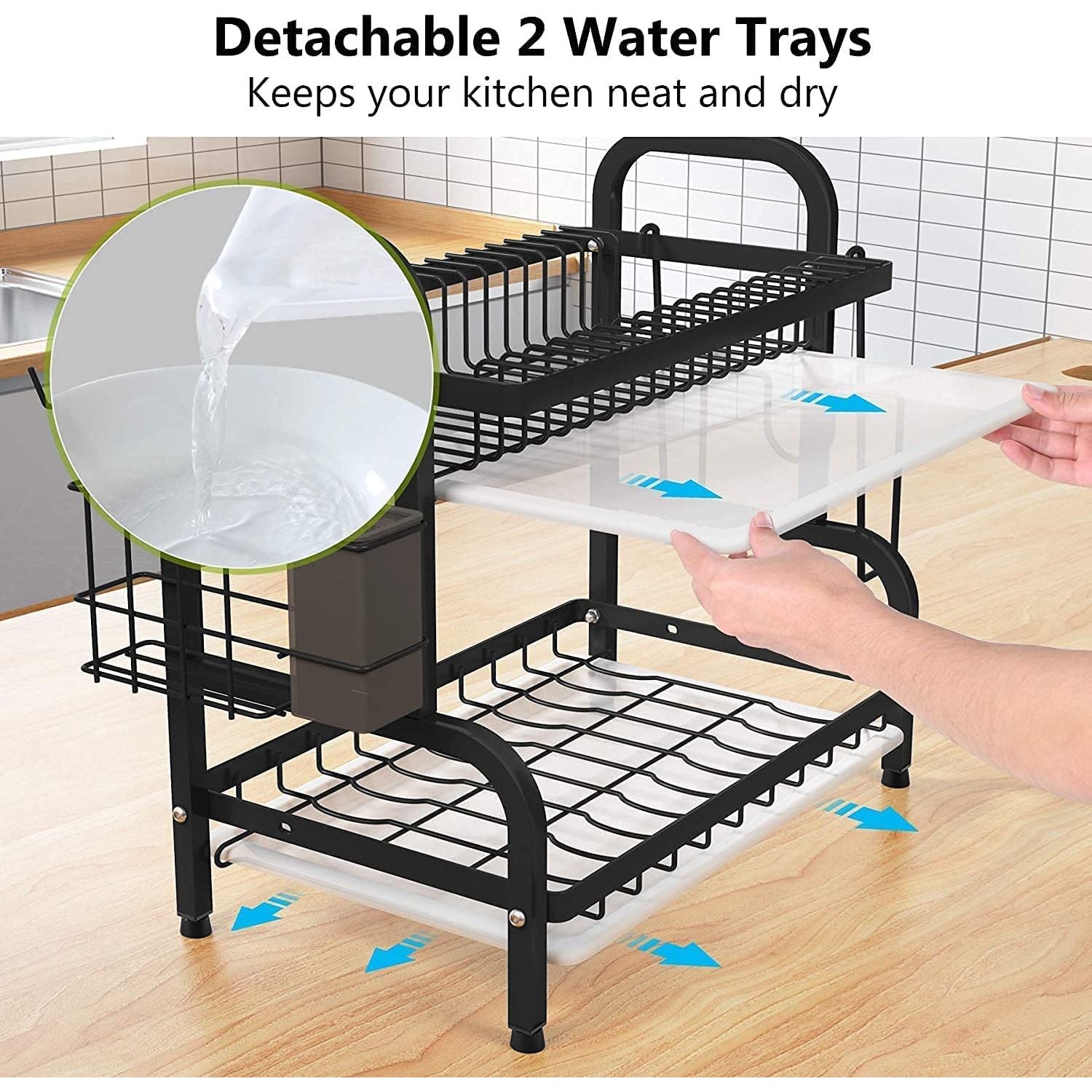 Dish Rack 2 Tier Dish Dryer Drainer Stainless Steel Dish Drying Rack Drip Trays Side Holder Kitchen Storage Save Space