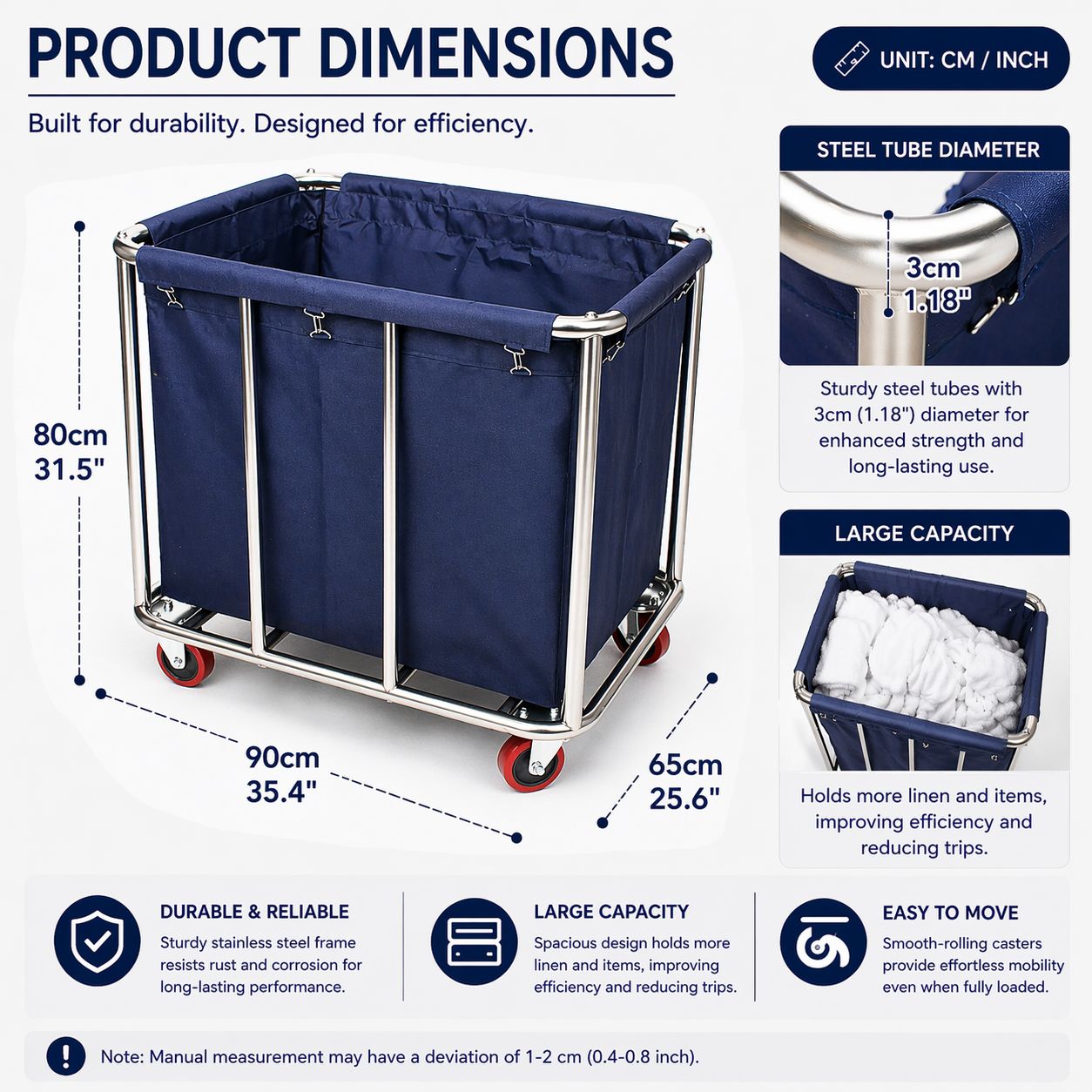 Commercial Laundry Trolley 90x65x80cm Large Capacity Linen Cart with 2 Swivel & 2 Fixed Wheels Navy