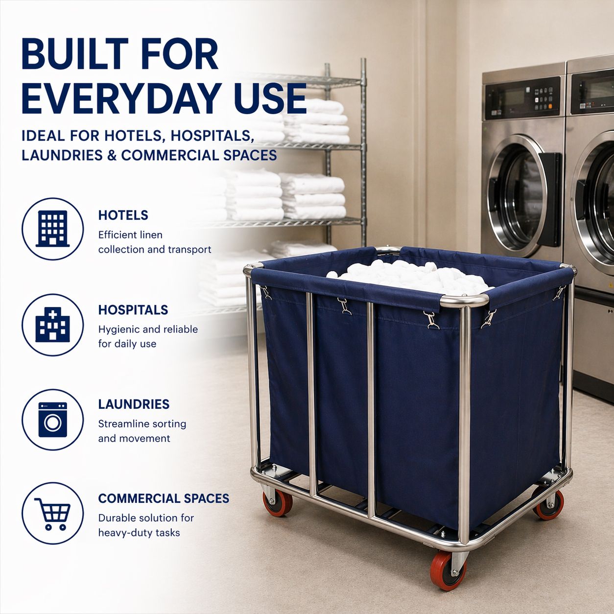 Commercial Laundry Trolley 90x65x80cm Large Capacity Linen Cart with 2 Swivel & 2 Fixed Wheels Navy