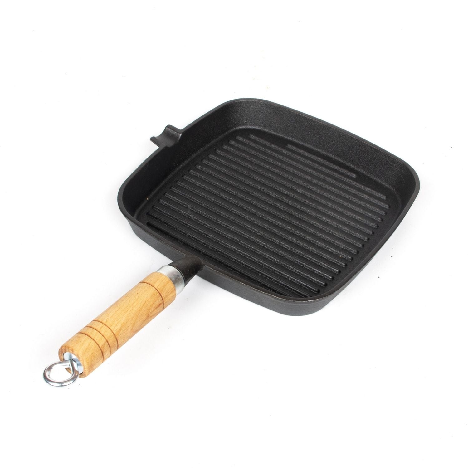 Premium Cast Iron Grill Pan 22cm Square Pre-Seasoned BBQ Steak Fry Pan Wooden Handle