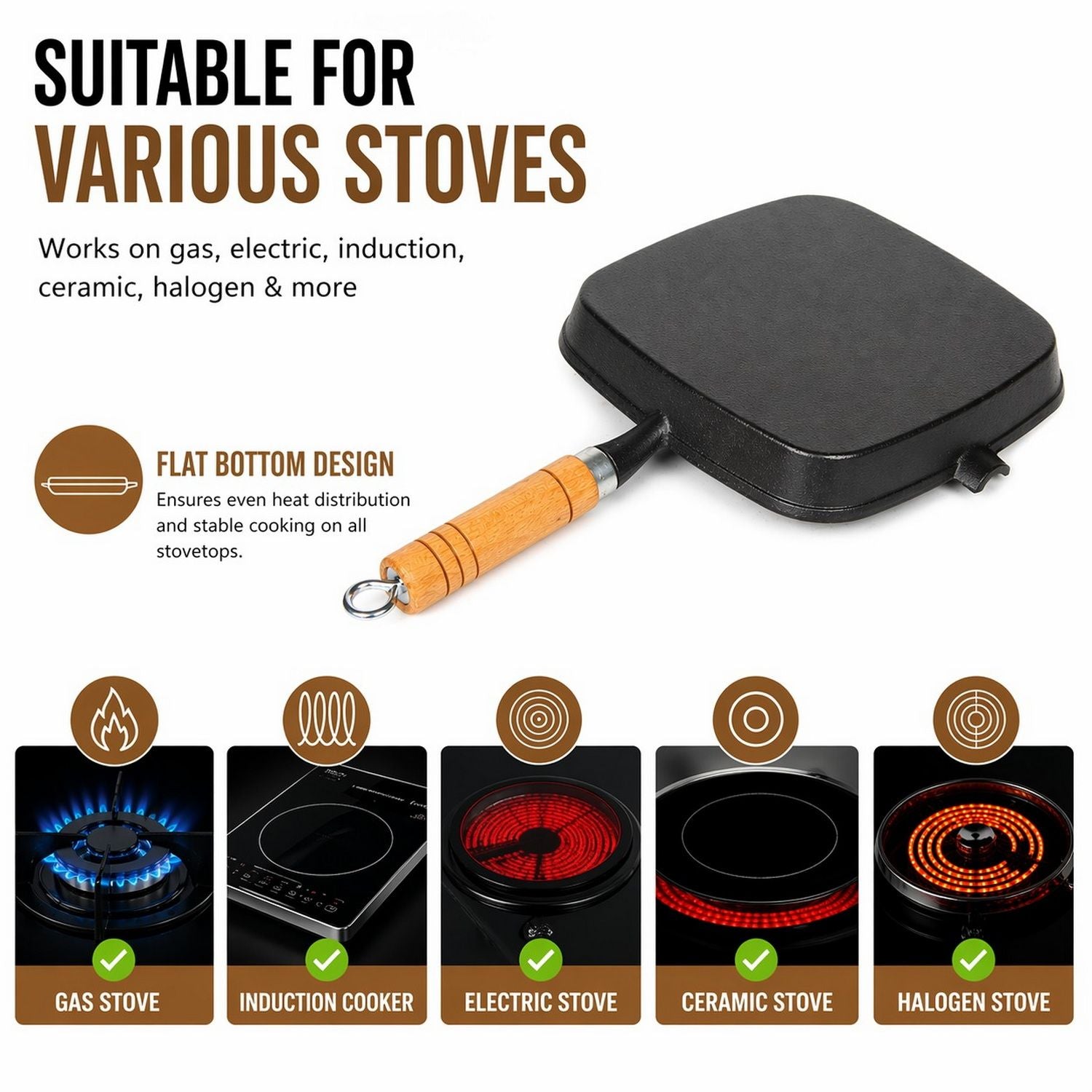 Premium Cast Iron Grill Pan 22cm Square Pre-Seasoned BBQ Steak Fry Pan Wooden Handle