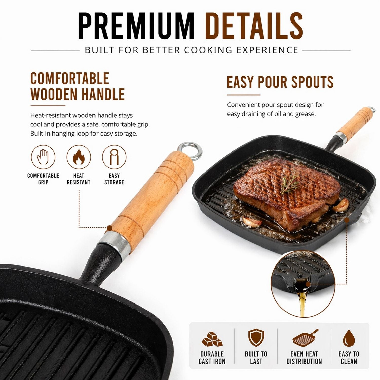 Premium Cast Iron Grill Pan 22cm Square Pre-Seasoned BBQ Steak Fry Pan Wooden Handle
