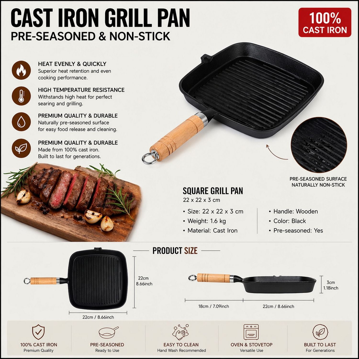 Premium Cast Iron Grill Pan 22cm Square Pre-Seasoned BBQ Steak Fry Pan Wooden Handle