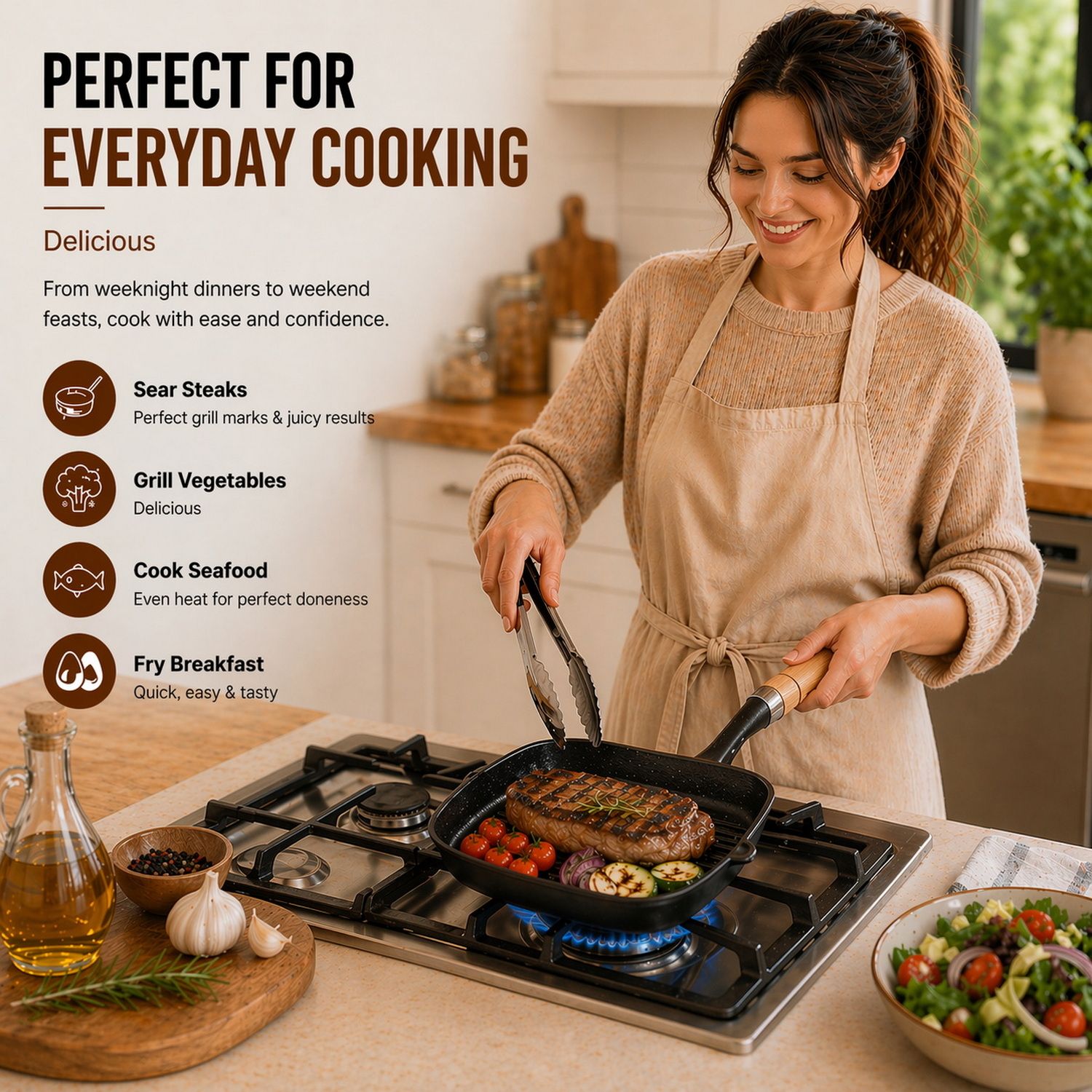 Premium Cast Iron Grill Pan 22cm Square Pre-Seasoned BBQ Steak Fry Pan Wooden Handle