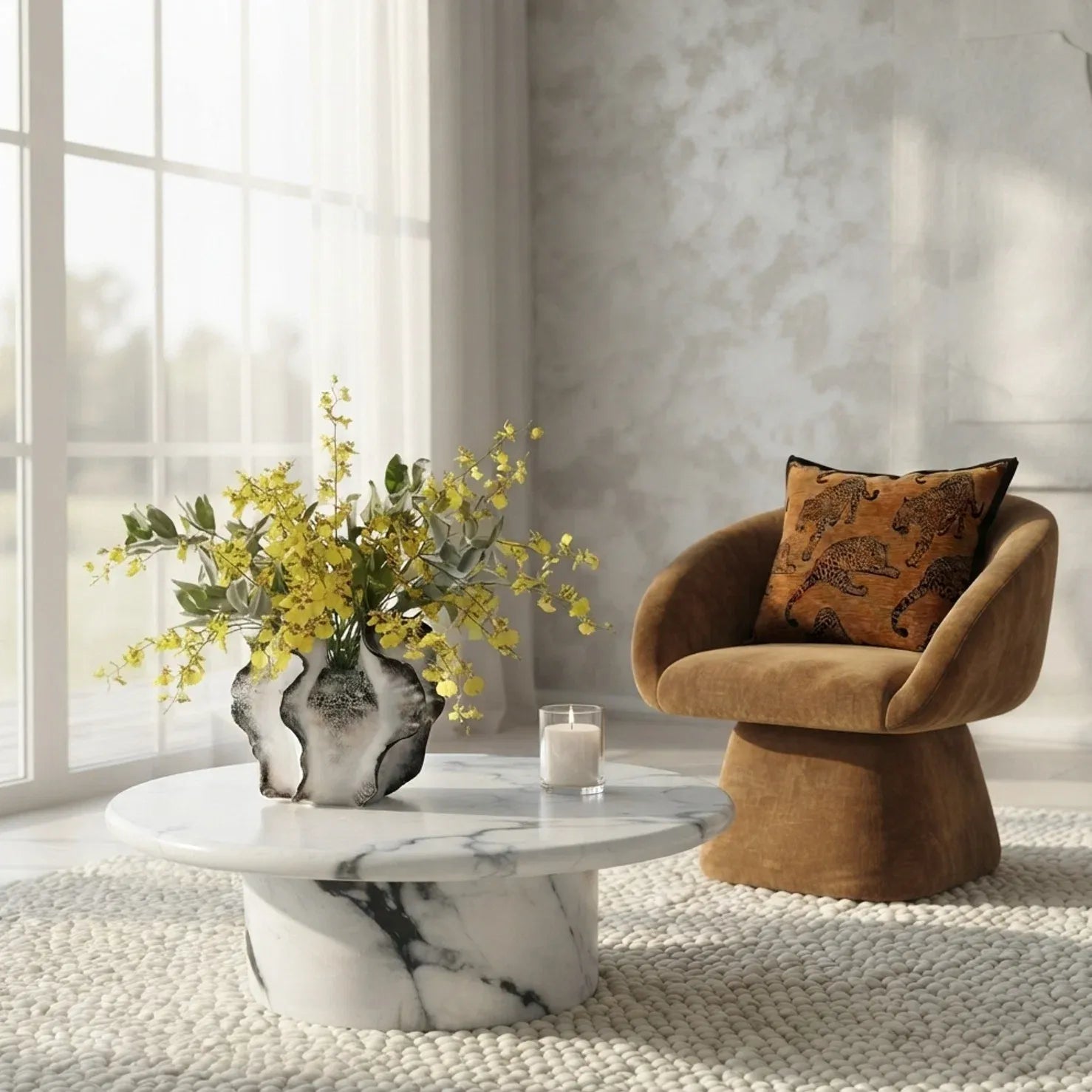 Nobu Round Sculptural Stone Coffee Table - Panda Marble Finish