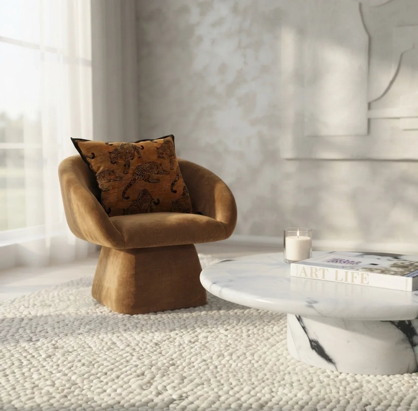 Nobu Round Sculptural Stone Coffee Table - Panda Marble Finish