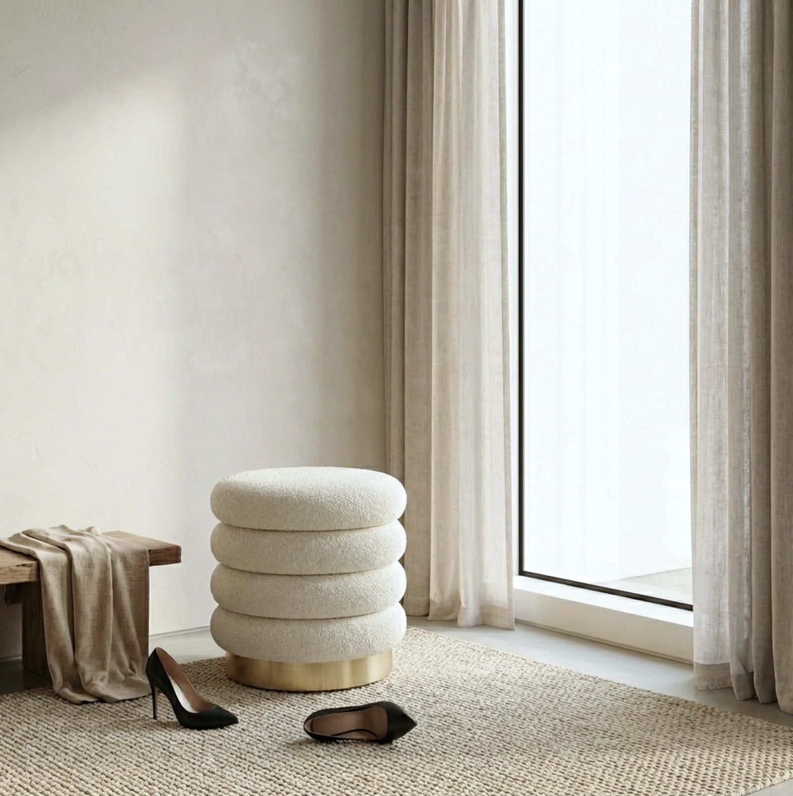 Interior Ave - Roma Round Tweed Ottoman / Footstool – Light Grey