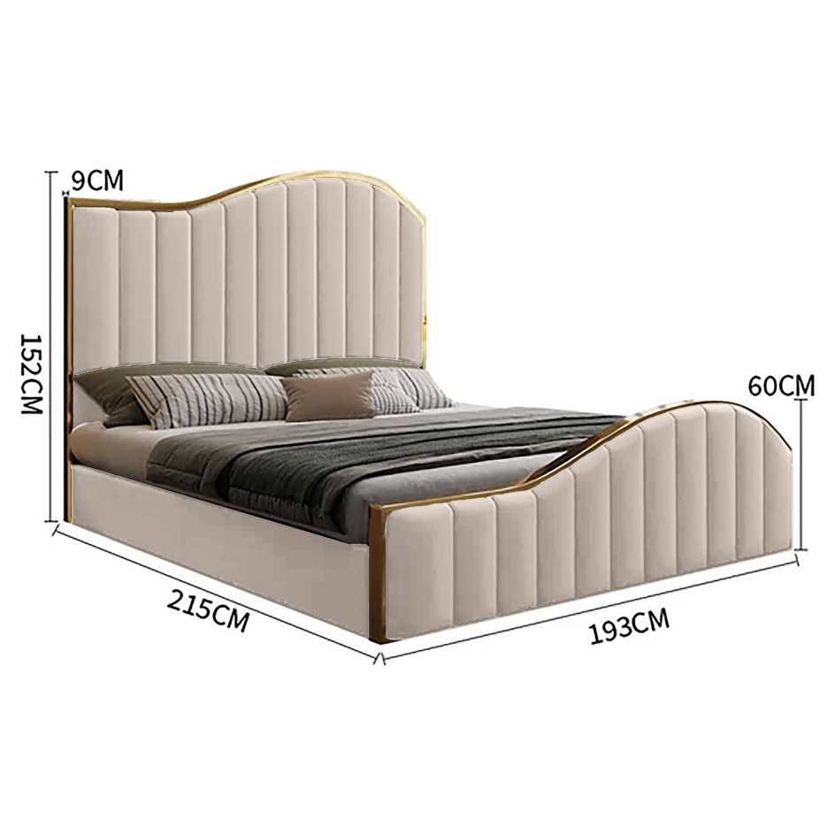 Elegant Luxury King Size Bedframe in Beige with Gas Lift Storage Velvet Fabric Golden Trim
