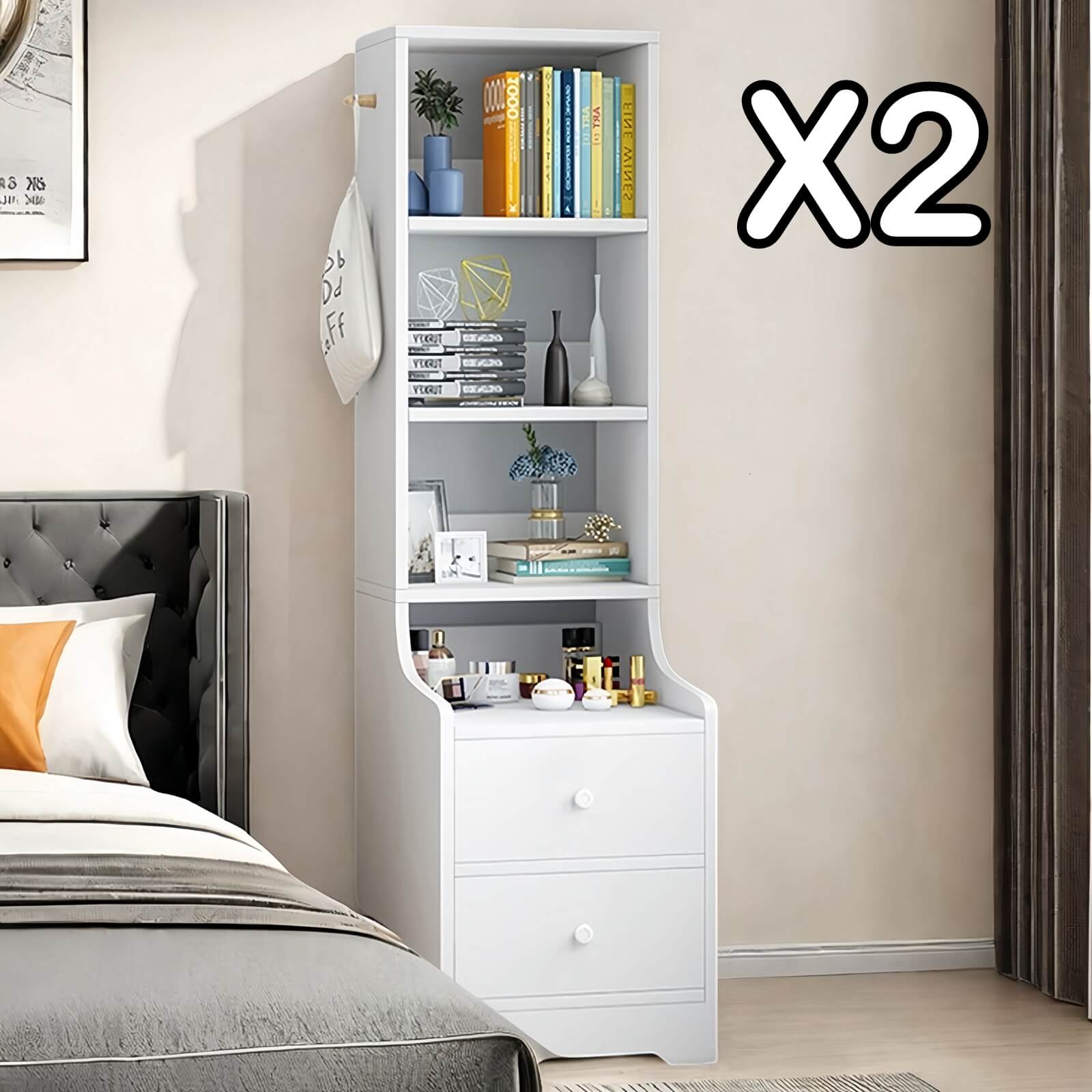 2x Bedside table pair with shelves drawers side hook modern design white