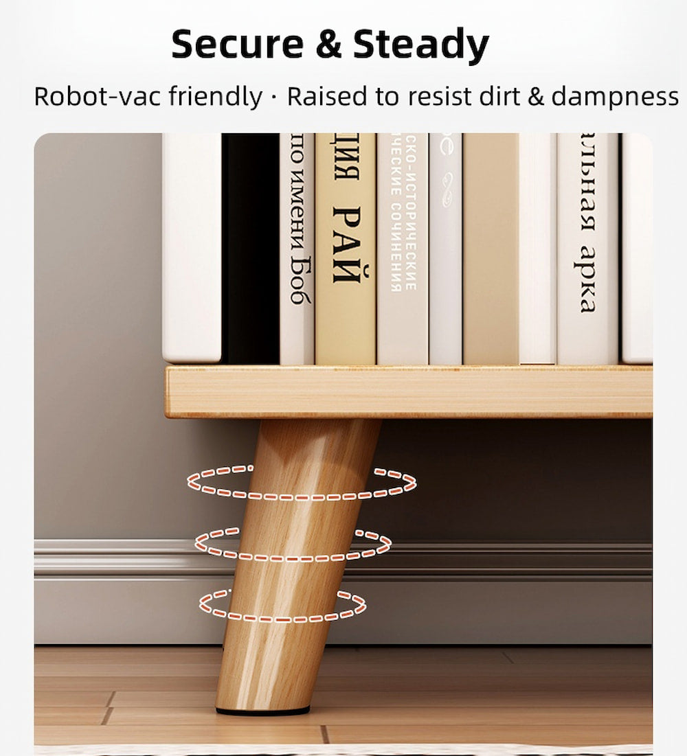 Compact Nightstand Wooden Legs Open Shelves Side Compartment White Wood Design