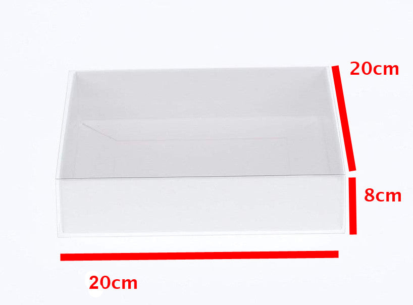 100 Pack of White Card Square Box - Clear Slide On Lid - 20 x 20 x 8cm - Large Beauty Product Gift Giving Hamper Tray Merch Fashion Cake Sweets Xmas
