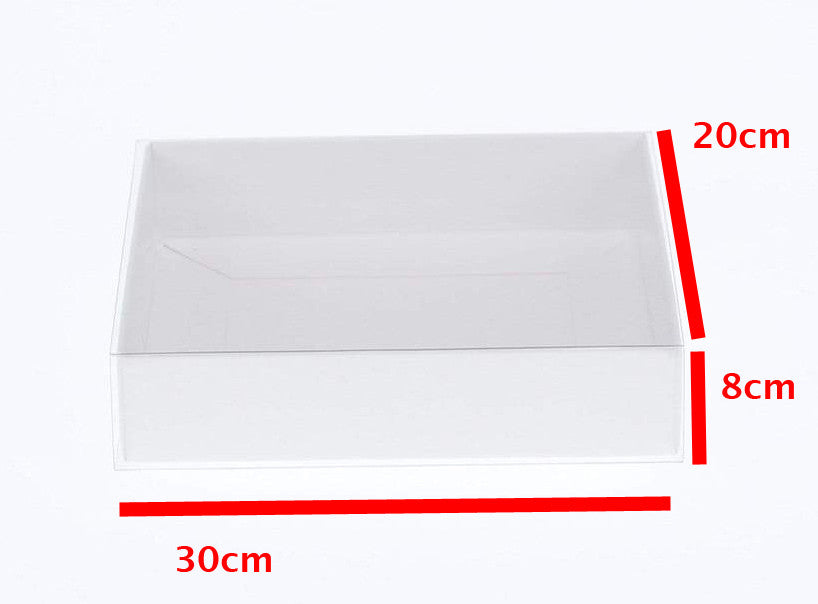 100 Pack of White Card Box - Clear Slide On Lid - 30 x 20 x 8cm - Large Beauty Product Gift Giving Hamper Tray Merch Fashion Cake Sweets Xmas
