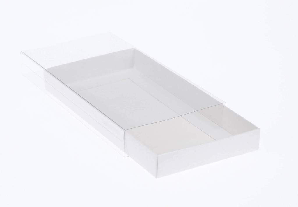 100 Pack of White Card Box - Clear Slide On Lid - 30 x 20 x 8cm - Large Beauty Product Gift Giving Hamper Tray Merch Fashion Cake Sweets Xmas