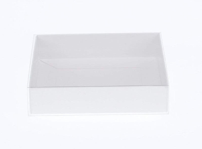 50 Pack of White Card Square Box - Clear Slide On Lid - 20 x 20 x 8cm - Large Beauty Product Gift Giving Hamper Tray Merch Fashion Cake Sweets Xmas