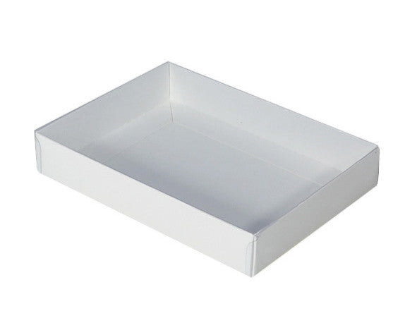 50 Pack of White Card Square Box - Clear Slide On Lid - 20 x 20 x 8cm - Large Beauty Product Gift Giving Hamper Tray Merch Fashion Cake Sweets Xmas