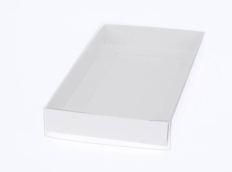 50 Pack of White Card Square Box - Clear Slide On Lid - 20 x 20 x 8cm - Large Beauty Product Gift Giving Hamper Tray Merch Fashion Cake Sweets Xmas