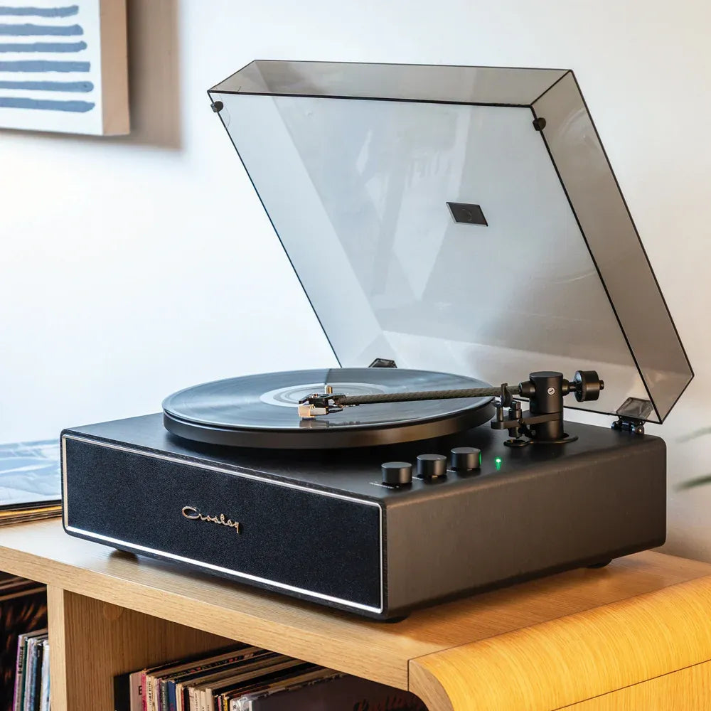 Crosley Stave 2-Speed Bluetooth Record Player Turntable with Built-in Speakers + Crosley Asheville Stand Bundle - Black