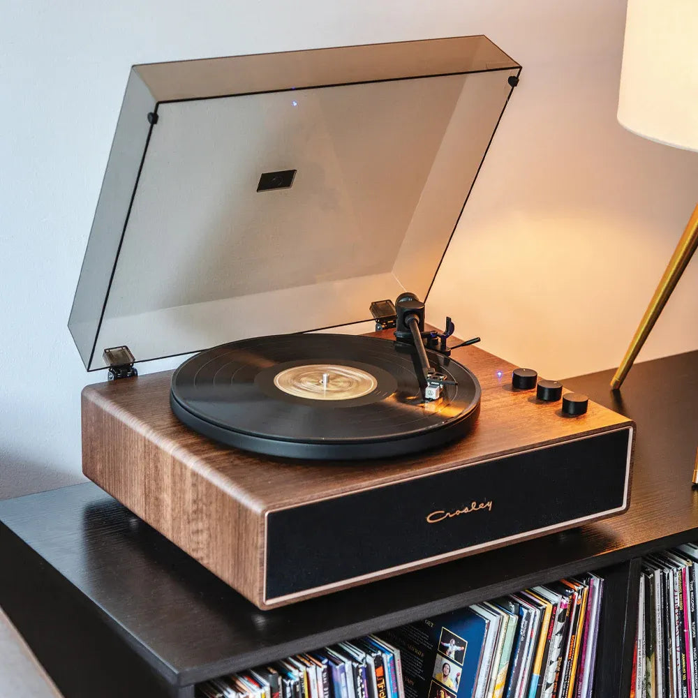Crosley Stave 2-Speed Bluetooth Record Player Turntable with Built-in Speakers + Crosley Asheville Stand Bundle - Walnut