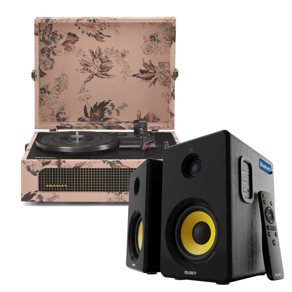 Crosley Voyager Bluetooth Portable Turntable - Floral + Bundled Majority D40X Bluetooth Speakers - Black