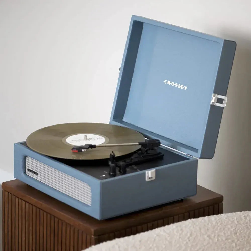 Crosley Voyager Bluetooth Portable Turntable + Bundled Record Storage Crate - Washed Blue