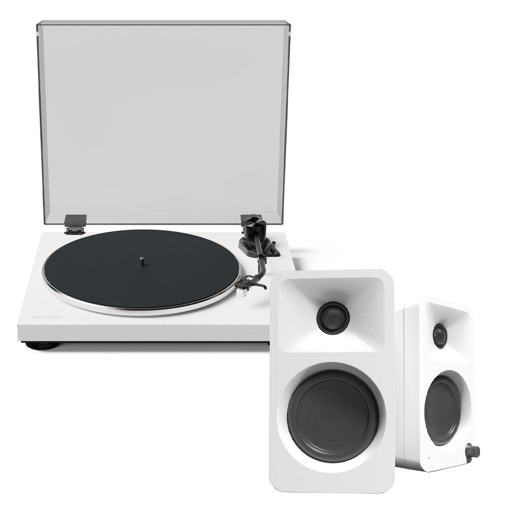 Kanto OBI3 Turntable - Matte White with Kanto ORA 100W Powered Speakers - White Bundle