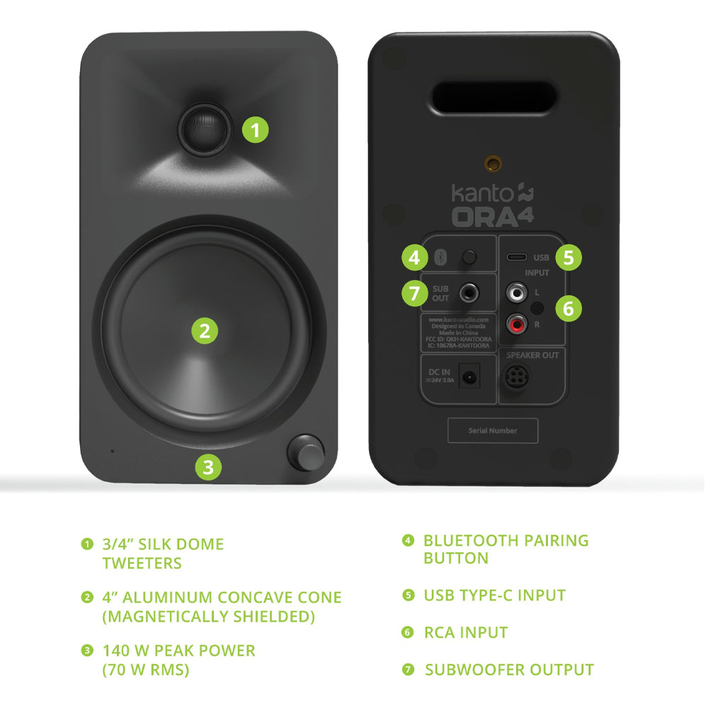 Kanto ORA4 140W Powered Reference Speakers with USB-C Input and Bluetooth - Black, Pair
