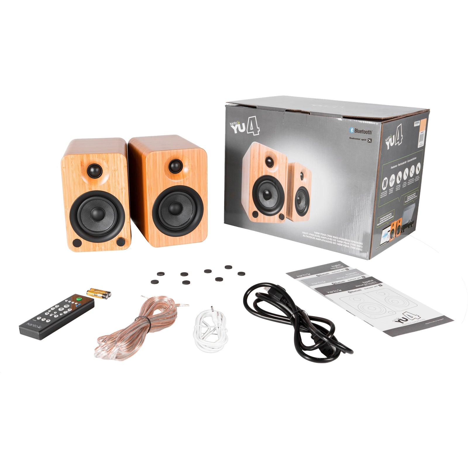 Kanto YU4 140W Powered Bookshelf Speakers with Bluetooth and Phono Preamp - Pair, Bamboo with SP9 Black Stand Bundle