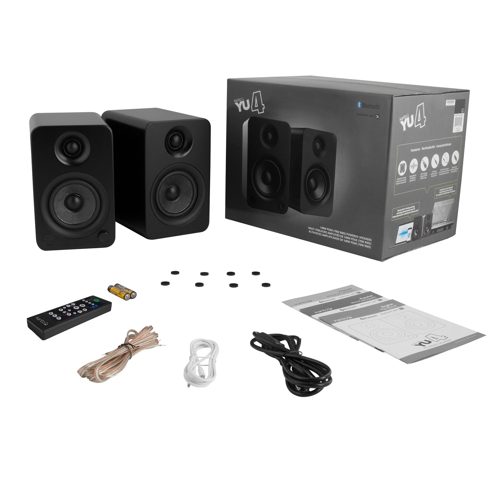 Kanto YU4 140W Powered Bookshelf Speakers with Bluetooth® and Phono Preamp - Pair, Matte Black with SX22 Black Stand Bundle