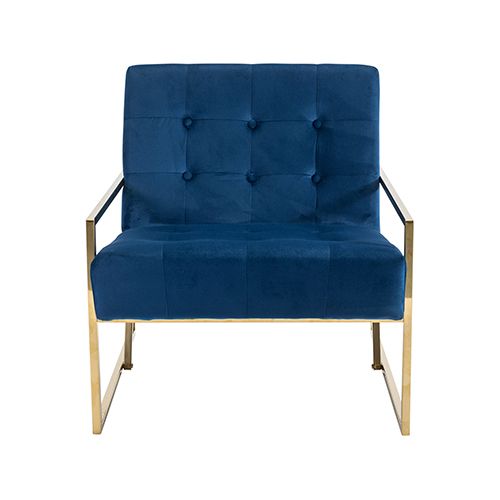 Arm Chair Blue Velvet Fabric Golden Metal Base