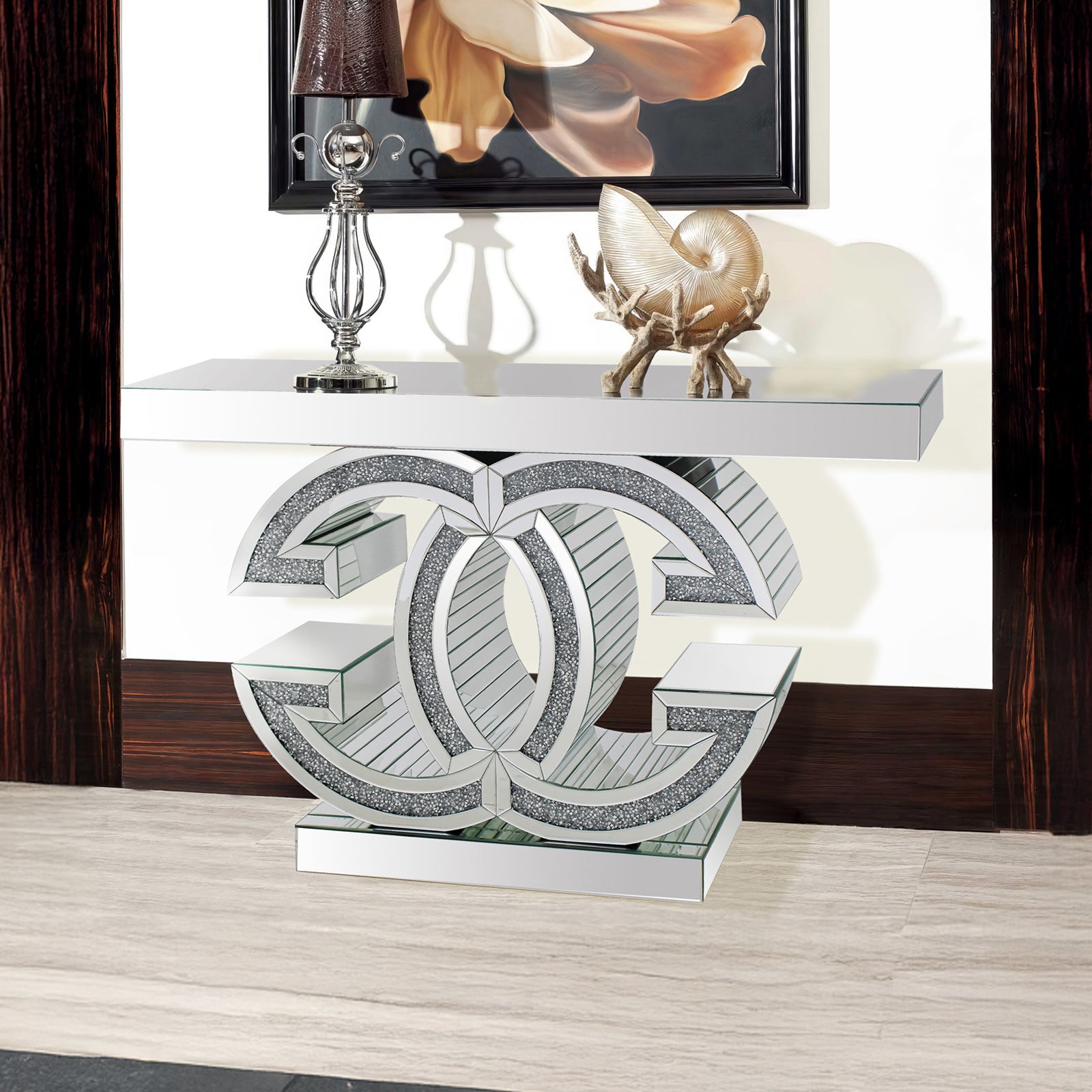 Hall Table MDF & Mirror & Crushed Acrylic Diamonds Silver Colour