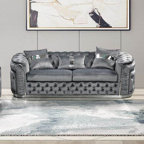 3+2+1 Seater Sofa Set Grey Velvet Fabric Solid Wood construction Silver Stainless Steel Trim