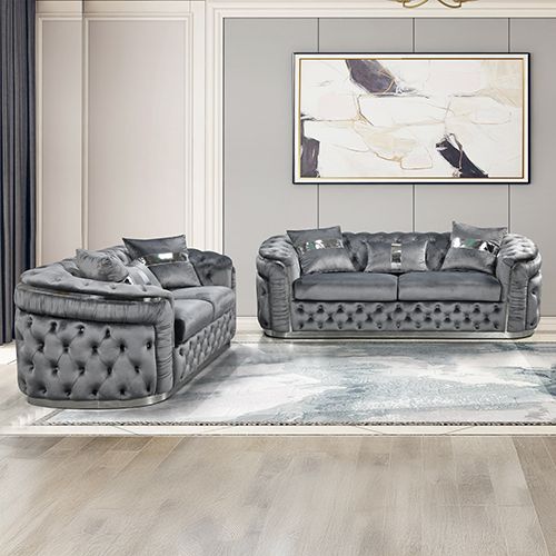 3+2 Seater Sofa Set Grey Velvet Fabric Solid Wood construction Silver Stainless Steel Trim
