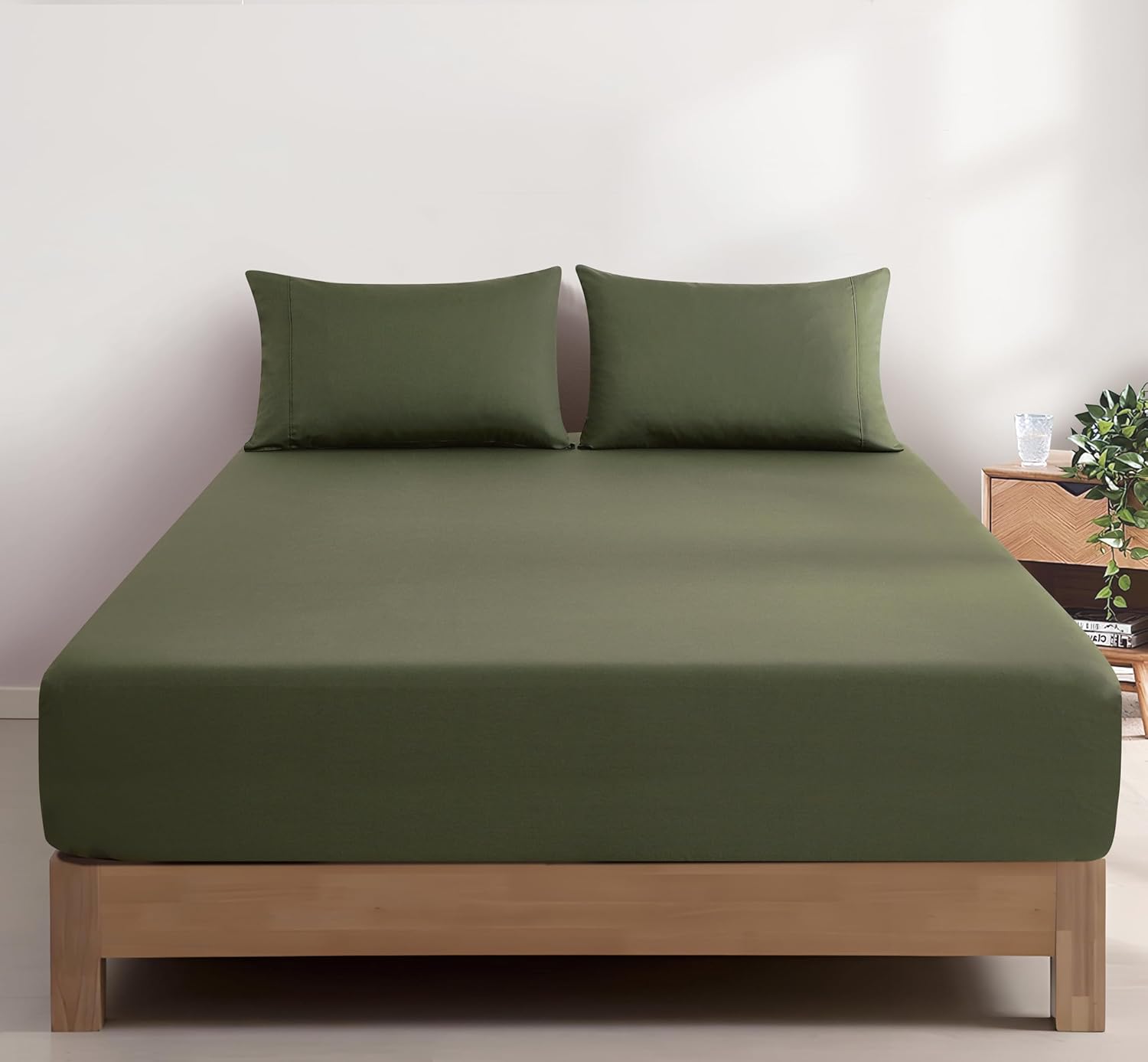 100% Vintage Washed Cotton Fitted Sheet Combo Set – 100% Natural Cotton, Ultra Soft & Breathable – Includes Fitted Sheet & Pillowcases – Machine Washable (Khaki Green, Single)