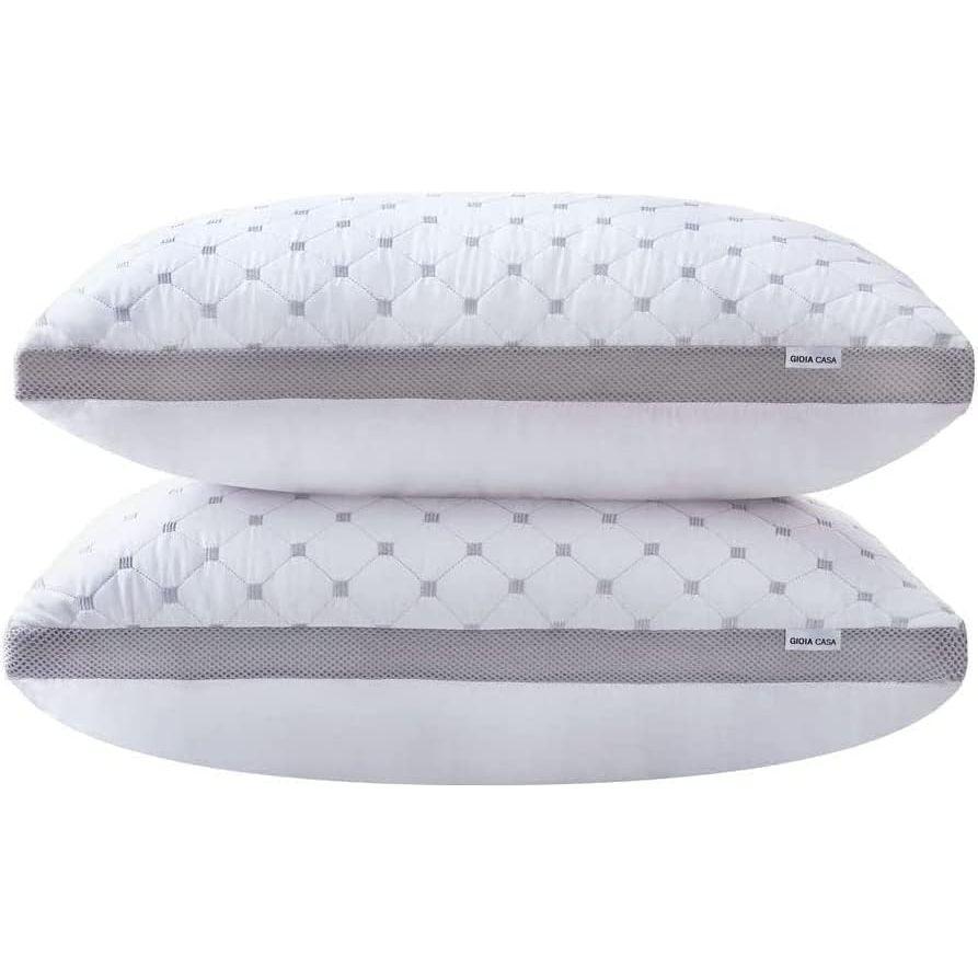 Gioia Casa Premium Bamboo Cooling Twin Pack Plush Down-Like Pillows - Medium to High Profile (2PCS) - with Free 2 Quilted Pillow Protectors (Improved Version)