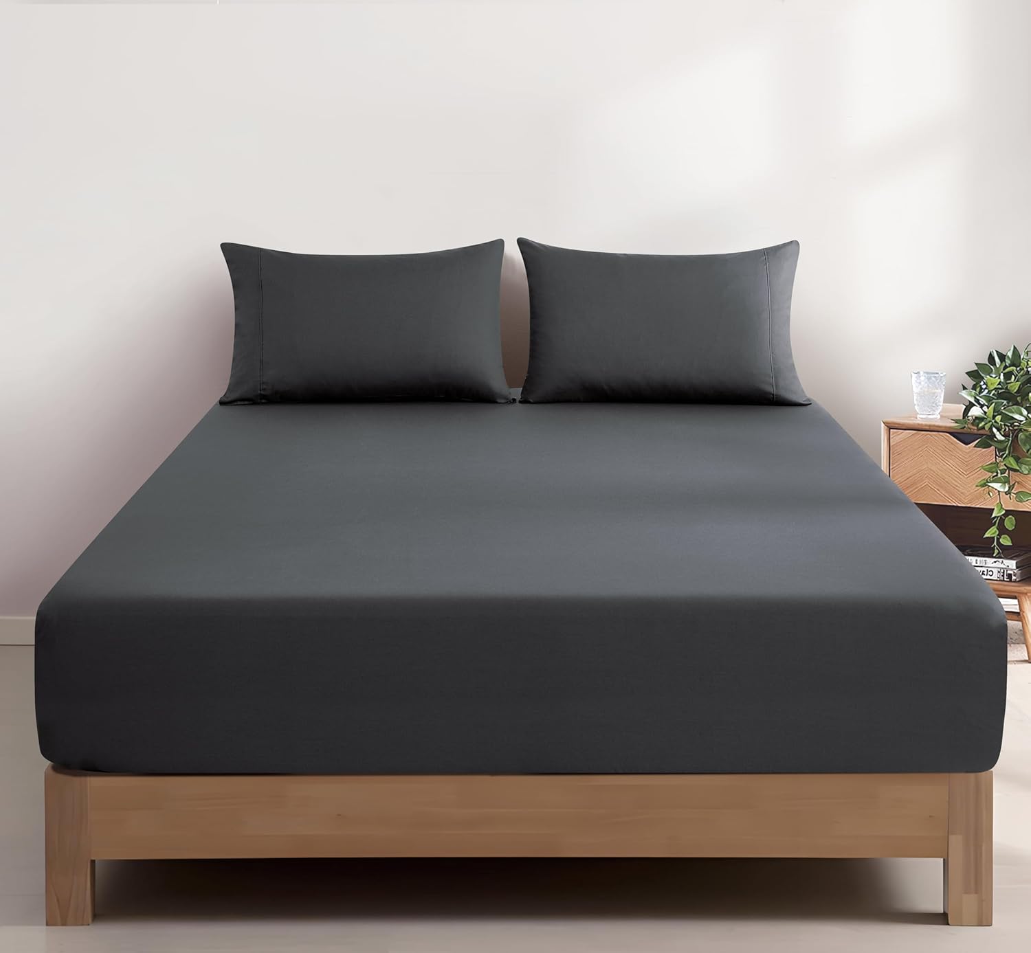 100% Vintage Washed Cotton Fitted Sheet Combo Set – 100% Natural Cotton, Ultra Soft & Breathable – Includes Fitted Sheet & Pillowcases – Machine Washable (Charcoal, Double)