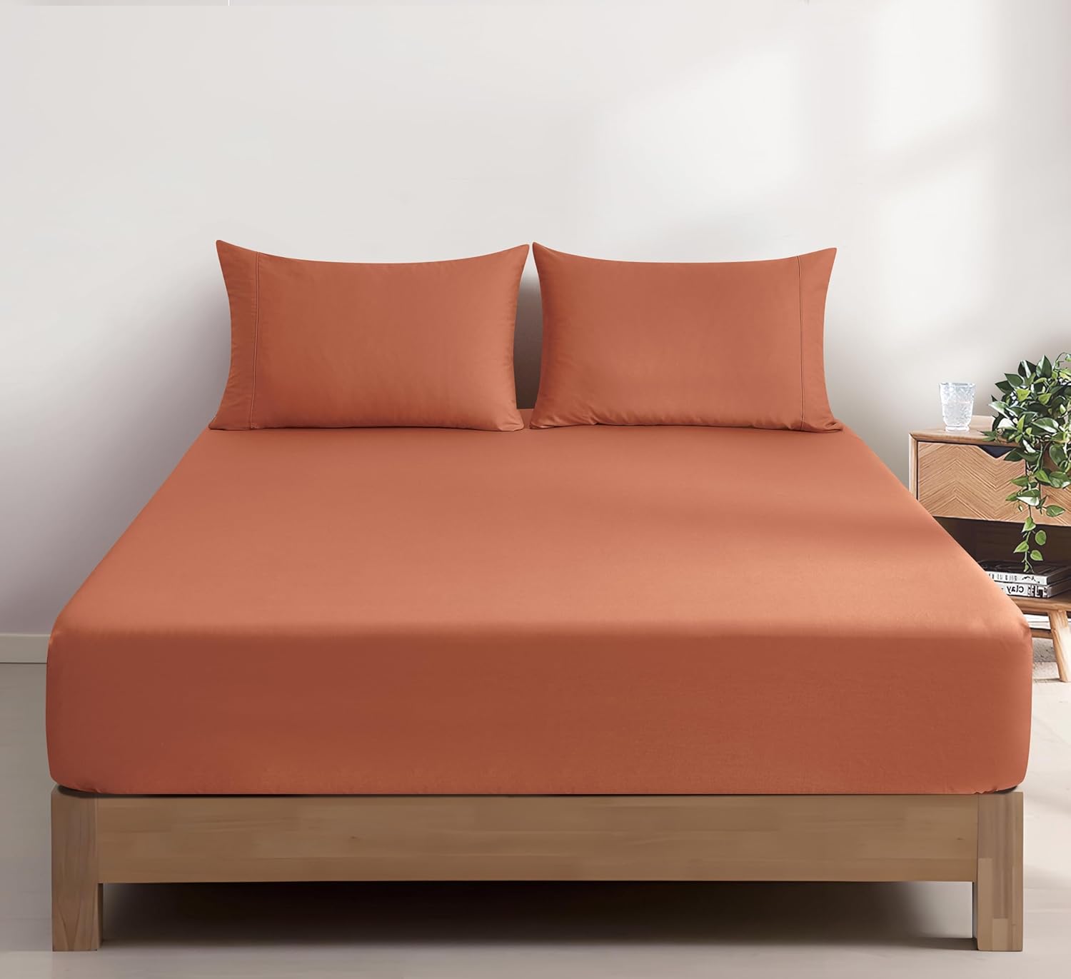 100% Vintage Washed Cotton Fitted Sheet Combo Set – 100% Natural Cotton, Ultra Soft & Breathable – Includes Fitted Sheet & Pillowcases – Machine Washable (Brick, Queen)