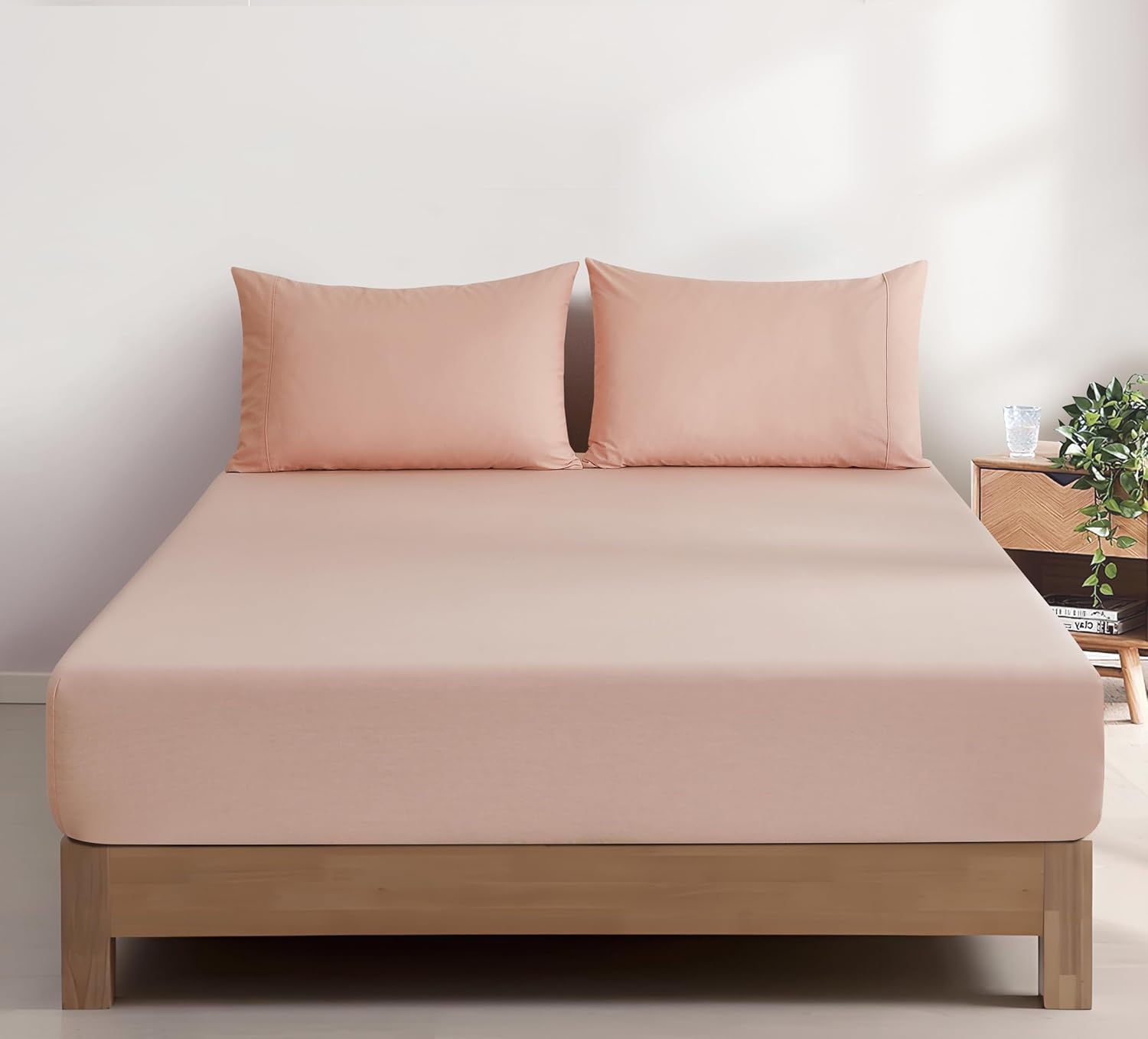 100% Vintage Washed Cotton Fitted Sheet Combo Set – 100% Natural Cotton, Ultra Soft & Breathable – Includes Fitted Sheet & Pillowcases – Machine Washable (Pink, King)