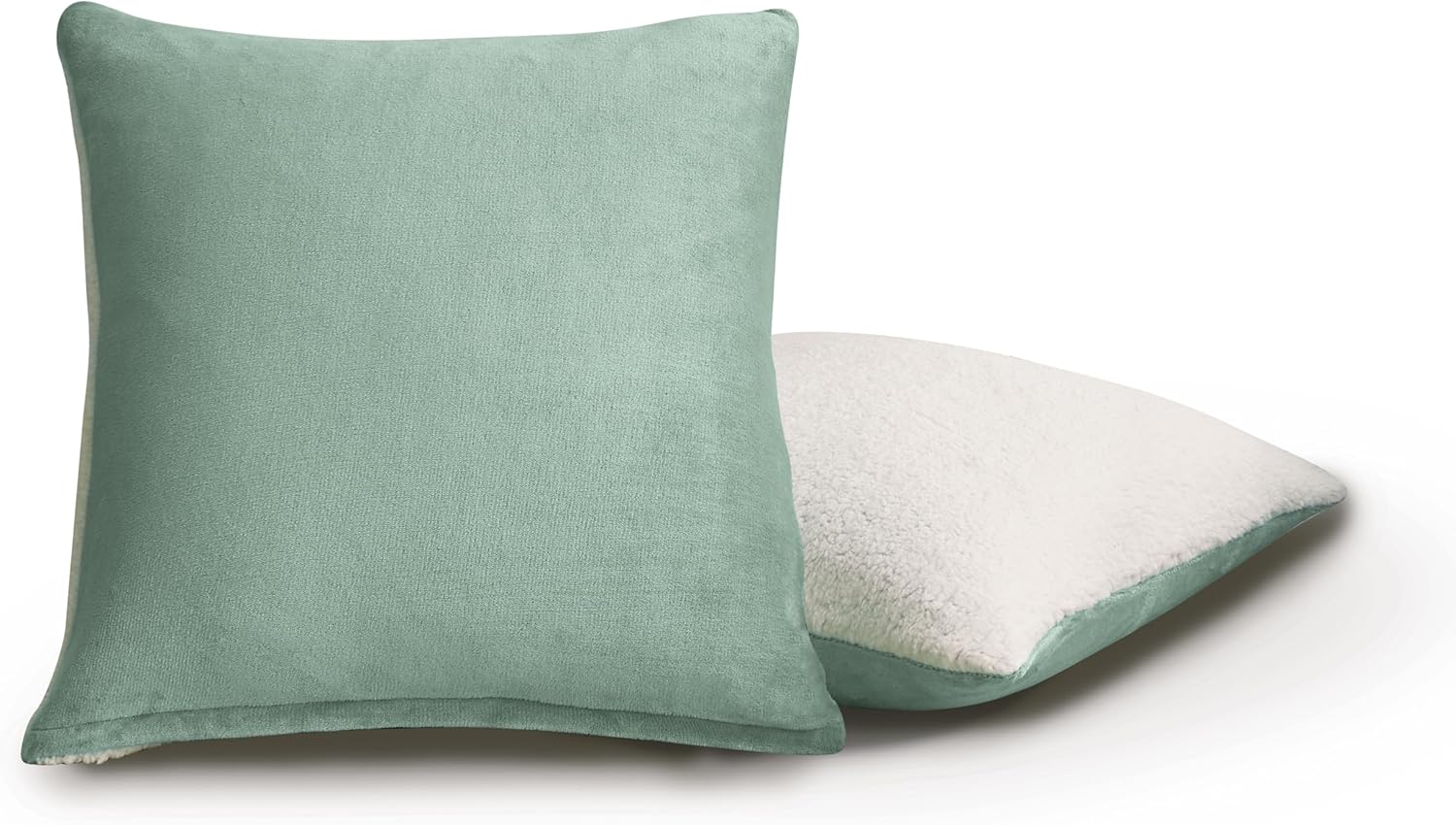 Teddy Sherpa Twin-Pack European Pillowcases - Soft Reversible Velvet & Sherpa Cushion Covers - Machine Washable with Zipper Closure - 65x65cm - Sage Green