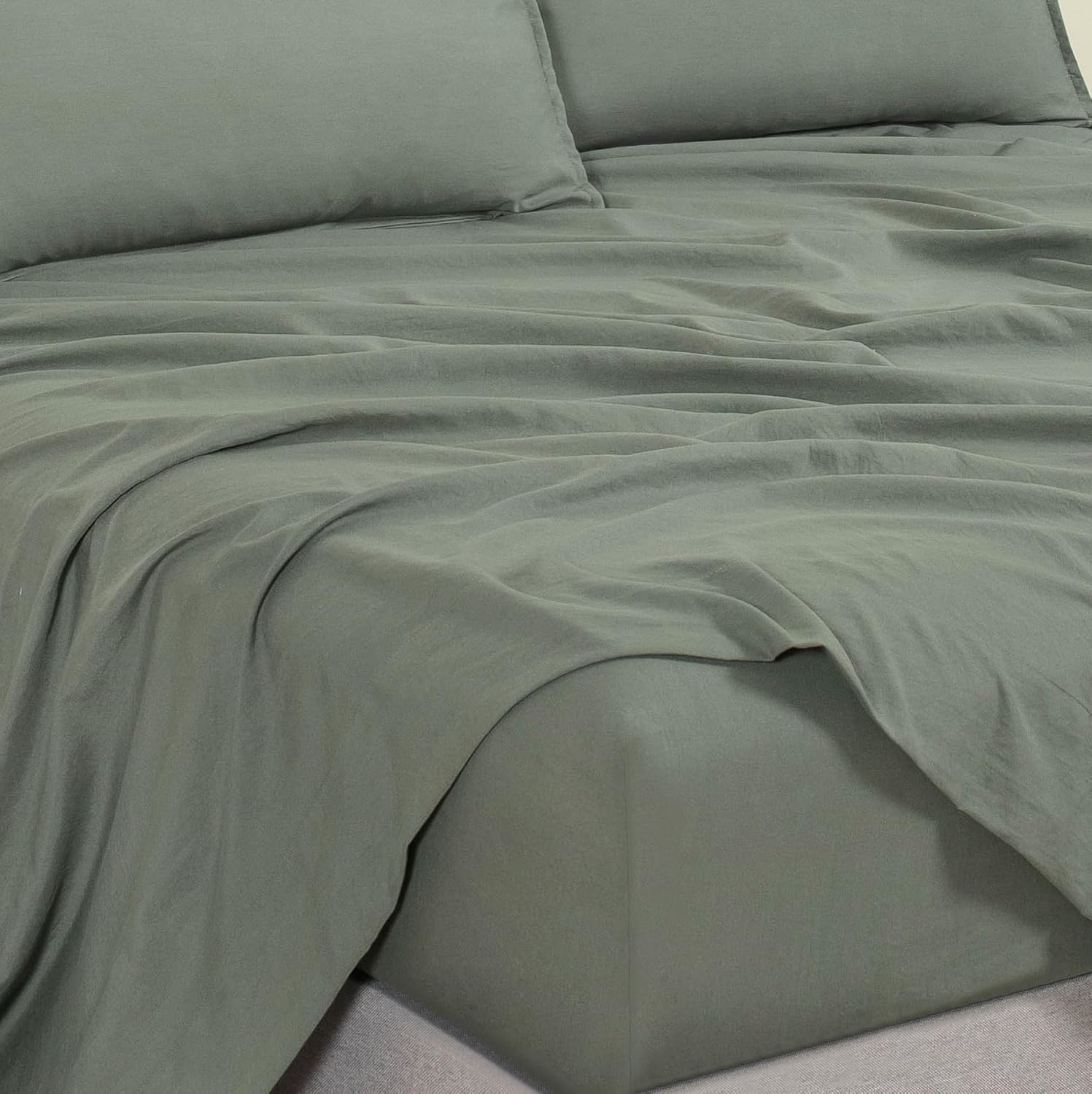 Vintage Washed Microfibre Sheet Set with 2 Pillowcases - Khaki Green - Super King