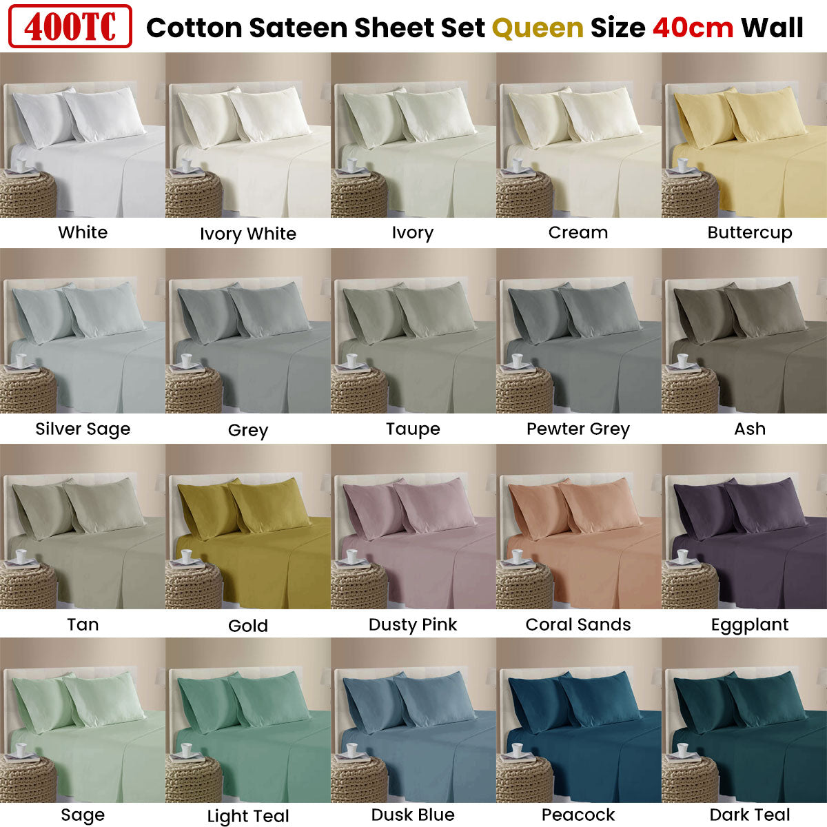 400TC 100% Cotton Sateen Premium Sheet Set 40cm Wall Grey Queen