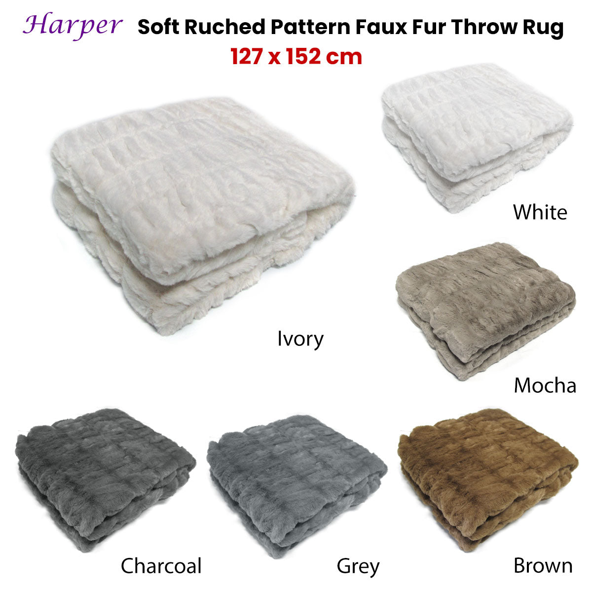 Harper Soft Ruched Pattern Faux Fur Throw Rug 127 x 152 cm Grey