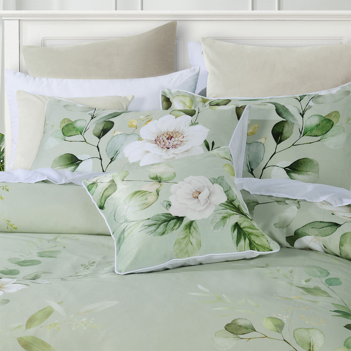 Bianca Salisbury Sage Floral Cotton Sateen Quilt Cover Set Queen