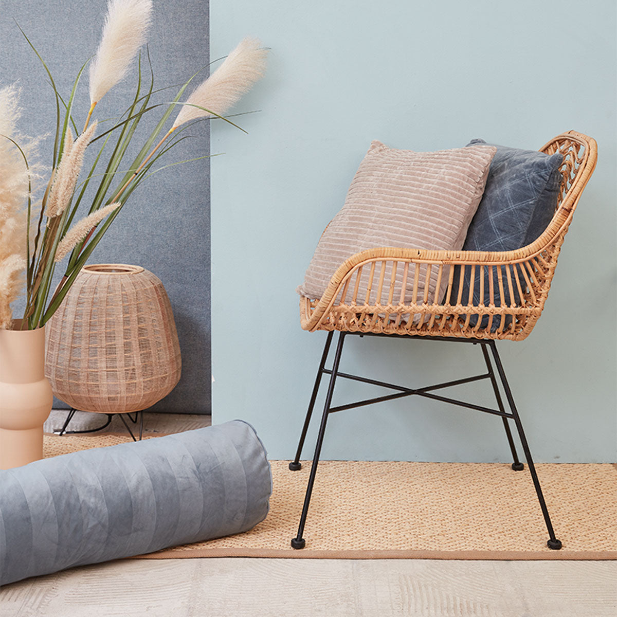 KAAT Amsterdam Softy Stripe Blue Grey Oblong Neckroll Filled Cushion 22cm x 70cm